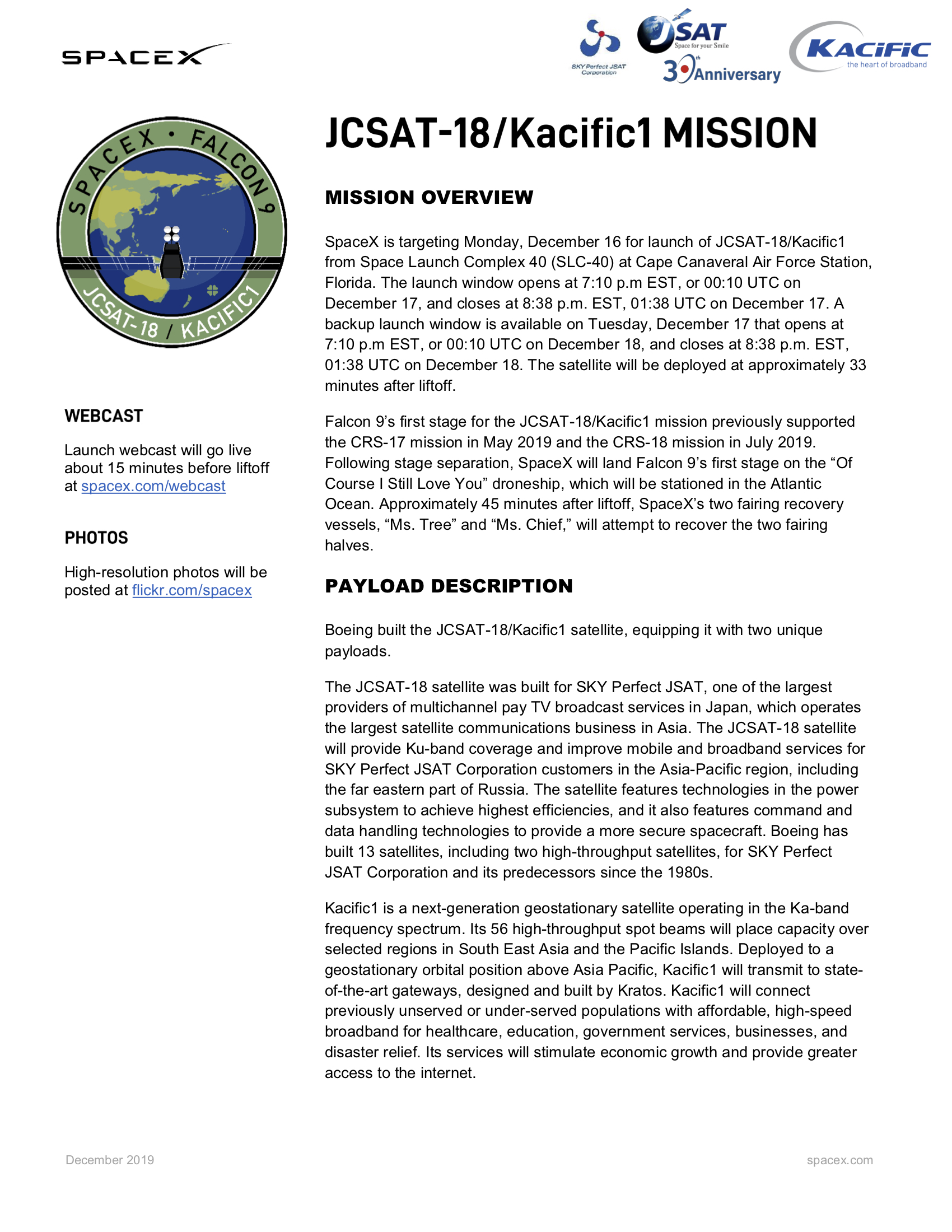 Kacific1 Mission JCSAT-18